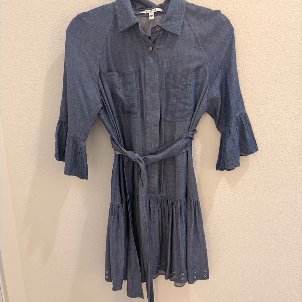 Derek Lam size 4 Chambray Blue Button-Front Mini Dress with Tie